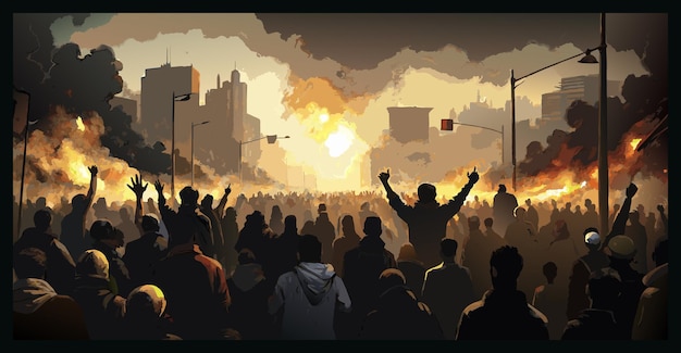 Crowds gather in a dramatic protest amidst a fiery sunset backdrop