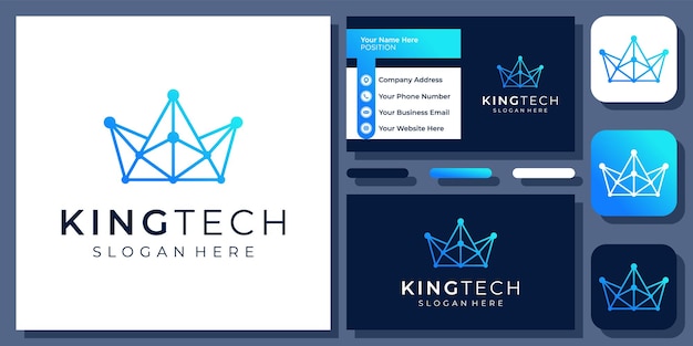 Vector crown connection technology digital king network queen connect vector logo design with business card