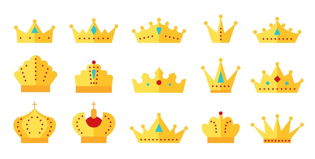 Vector crown gold flat icon set king majestic luxury tiara prince queen princess diadem imperial authority symbol crowns monarch golden jewelry wealth sign royal heraldic decoration isolated on white