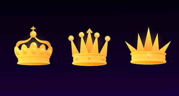 Корона золотой игровой набор вектор награда для лидера или победителя король или монарх королева или принцесса тиара принц головной убор 3d классический геральдический имперский знак винтажные или старые украшения тема монархии eps