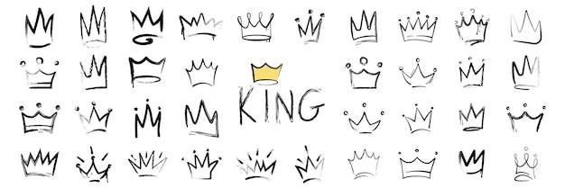 Набор значков логотипа короны граффити в стиле каракулей