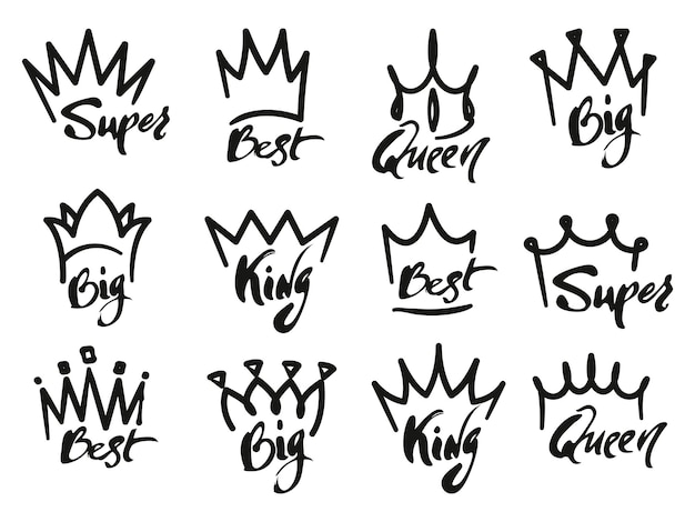 Vector crown graffiti logo monogram of royal crown with lettering typography elegant monarch emblems design vector isolated set of crown king or queen graffiti illustration