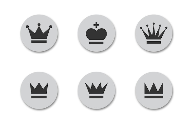 Crown icon set black crowns on a grey round buttons with shadows under it flat vector illustration