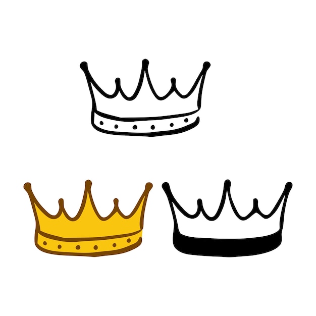 Vector crown icon set in doodles styles isolated on white background