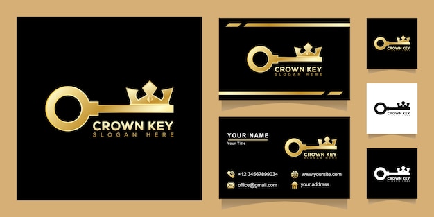 Концепция логотипа Crown Key, дизайн логотипа недвижимости King Key с дизайном визитной карточки