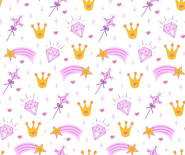 Vector crown. magic wand, diamond seamless pattern for little princess. background for design, web site, textile, fabric, card and wrapping paper. girl print.