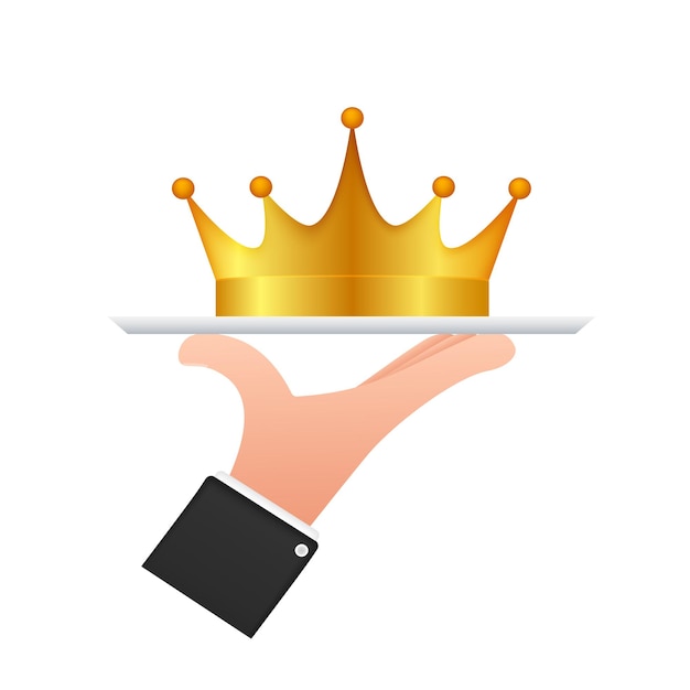 Корона короля висит над рукой с подносом на белом фоне золотая королевская икона