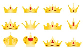 Вектор Корона королевская золотая икона набор королевский роскошный символ король монарх тиара золотая пиктограмма изолирована на белом королевское величественное сокровище королева коронует желтый градиент геральдические ювелирные знаки имперские знаки отличия