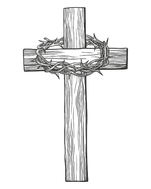 Corona di spine, croce di legno. pasqua. simbolo del cristianesimo disegnato a mano illustrazione vettoriale schizzo