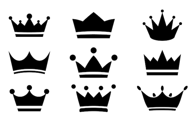 Vettore collezione vettore corona set di icone corona nera simboli reali dell'emblema del re simbolo esclusivo vip premium set di icone vettoriali di segno di lusso illustrazione vettoriale in design piatto
