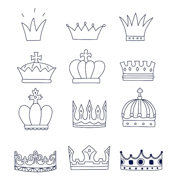 Vector crowns hand drawn set monarchy and power symbol collection queen and king head jewelry decoration