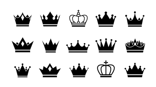 王冠のアイコンを設定します。ベクトルの王冠のロゴのコレクション。白い背景で隔離のフラットなシルエット。
