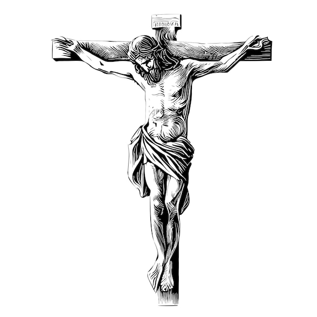 Crucifix kruis met jezus schets hand getrokken gegraveerde stijl religie vectorillustratie