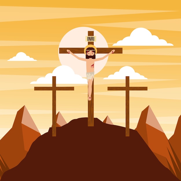 Crucifixion of jesus christ three crosses at sunset