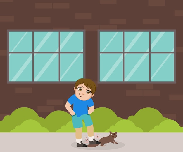 Vector cruelty boy going to step on tail of cat bad behavior vector illustration