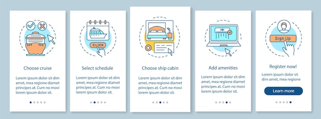 Cruise boeken onboarding mobiele app paginascherm, lineaire concepten. Reisbureau walkthrough stappen grafische instructies. Reis, reisplanning. UX, UI, GUI vectorsjabloon met illustraties