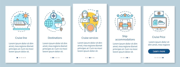 Offerte di crociera sulla schermata della pagina dell'app mobile a bordo, concetti lineari. istruzioni grafiche dettagliate per la pianificazione del viaggio. servizi, prezzi, destinazioni. ux, ui, template vettoriale gui, illustrazione