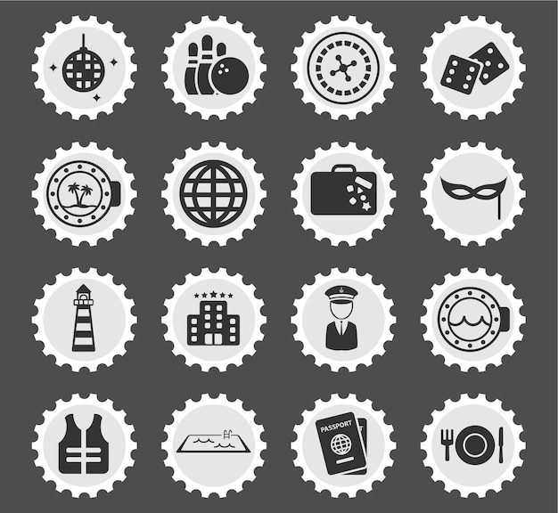 Cruise icons on stylized round postage stamps