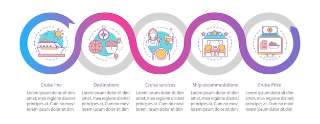 Cruise information vector infographic template Cruise destinations services Business presentation design elements Data visualization with steps and options Process timeline chart Workflow layout