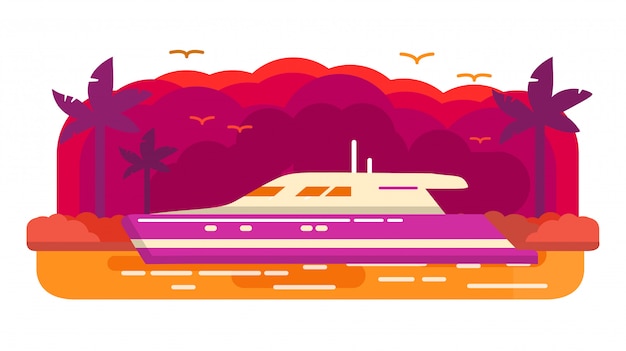 Cruise luxury yacht ship .Summer marine travel.Tropical island of a palm tree. Sea voyage.Banner concept.Landscape sunset