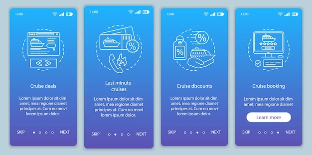 Cruise onboarding mobiele app paginascherm vectorsjabloon