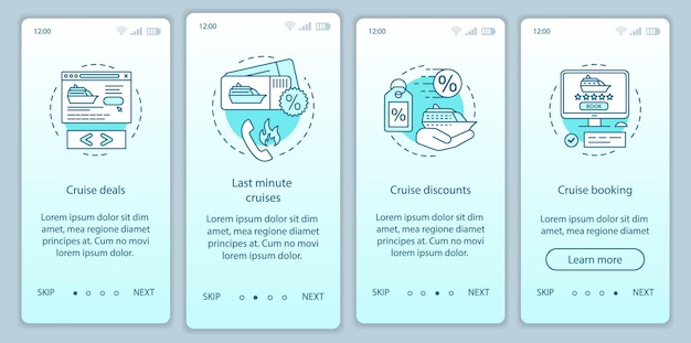 Cruise onboarding mobile app page screen vector template. Deals, last minute cruises, discounts, booking. Walkthrough website steps with linear illustrations. UX, UI, GUI smartphone interface concept