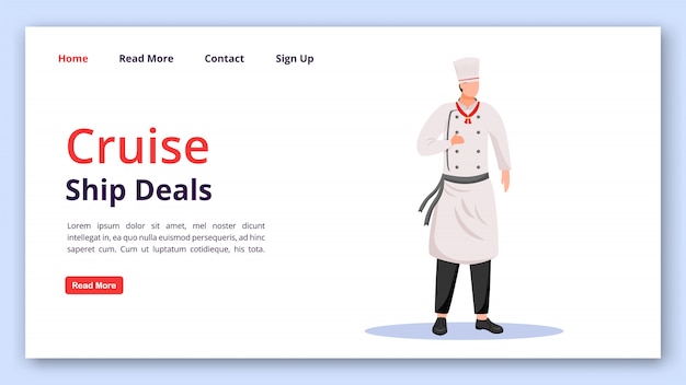 Cruise ship deals landing page vector template. shipboard staff website interface idea with flat illustrations. ship chef homepage layout. cruise service landing page
