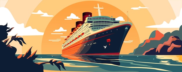 Vector cruise ship liner beautiful orange sunset ocean vacation hill mountain water ocean carribean sea sunrise palm island tour large boat beach nautical maritime adventure vector illustration