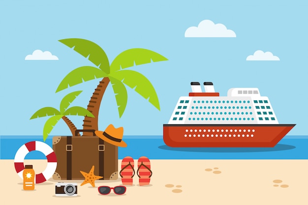 Vector cruise ship on the sea and suitcase on the beach