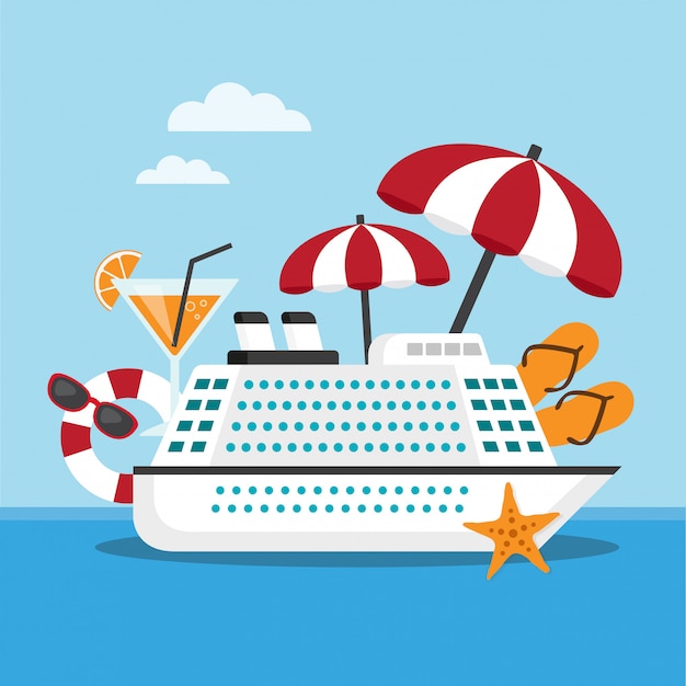 Cruise ship on the sea with travel accessories