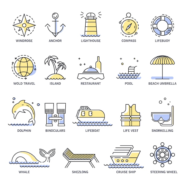 Vector cruise travel or summer vacation line icons