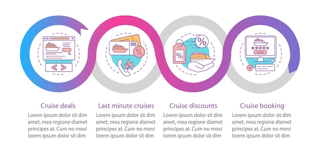 Cruise vector infographic template Cruise deals discounts booking Business presentation design elements Data visualization with steps and options Process timeline chart Workflow layout