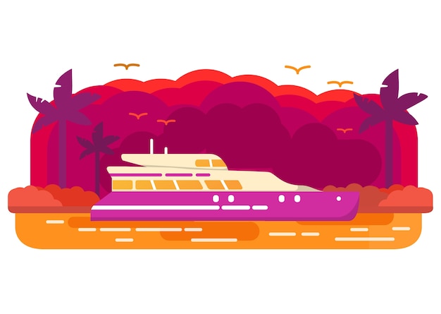 Vector cruise  yacht ship .tropical island of a palm tree. landscape sunset.