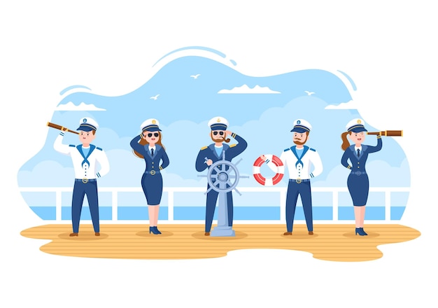 Vector cruiseschip kapitein cartoon afbeelding in matroos uniform op de haven