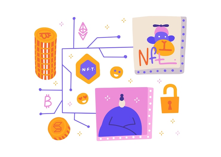 Vector crumbled ntf non fungible token with pcb tracks scheme isolated on white. hnad drawn artistic flowchart composition with images of cultural values keys and coins. flat vector illustration.
