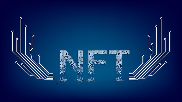 PCB 트랙의 날개와 파란색 배경의 복사 공간이 있는 손상된 텍스트 NTF 대체 불가능 토큰. 웹사이트 헤더 또는 배너입니다. 벡터 일러스트 레이 션.