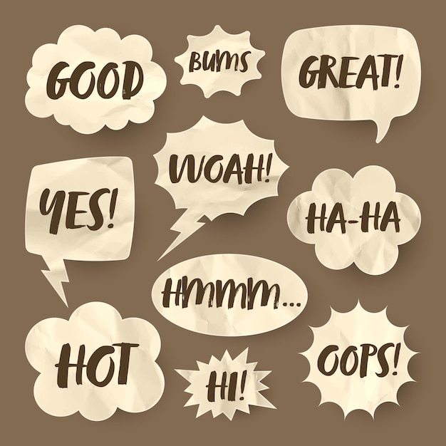 Crumpled brown paper comic speech bubbles hand drawn retro cartoon stickers with text pop art style