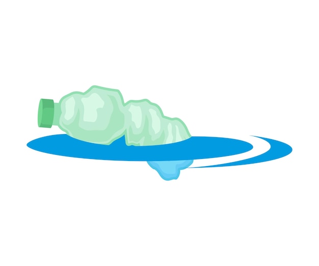 Crumpled closed plastic bottle with a green cap floats in water vector illustration on white background