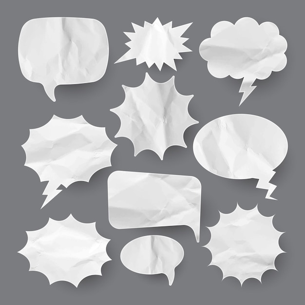 crumpled paper comic speech bubbles hand drawn retro cartoon stickers pop art style old vintage