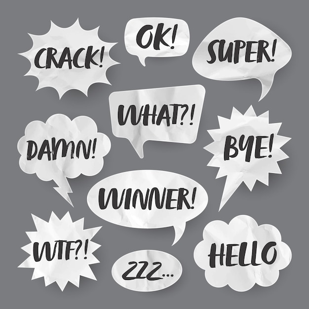 Crumpled paper comic speech bubbles hand drawn retro cartoon stickers with text pop art style old