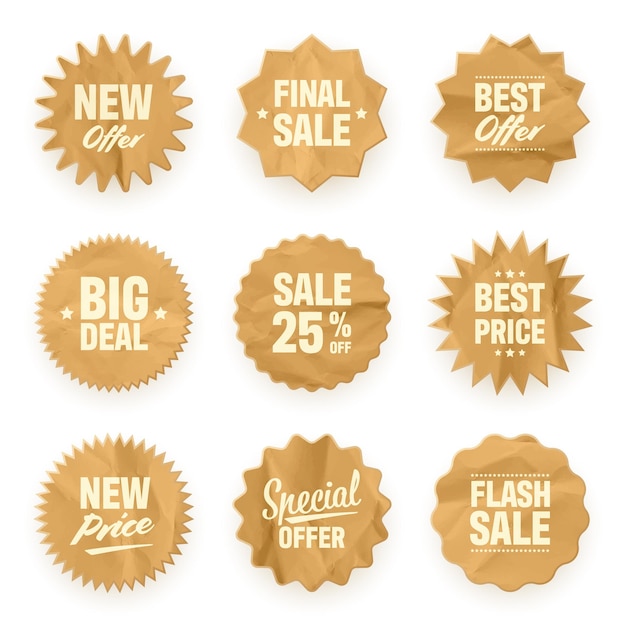 Crumpled paper price tags special offer or shopping discount label retail paper sticker with