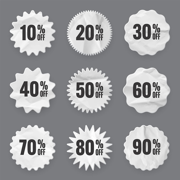 Crumpled paper price tags special offer or shopping discount label with percent discount percentage