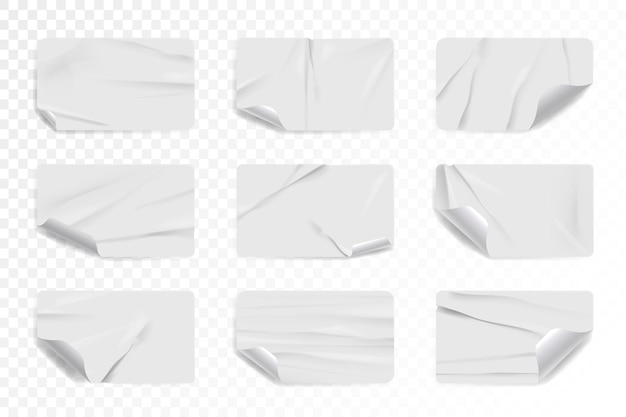 Vector crumpled white rectangle sticker label isolated set