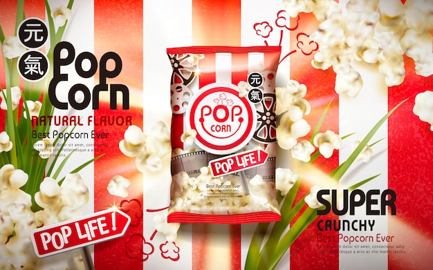 Crunchy popcorn ads, with scallion elements isolated on white and red stripes