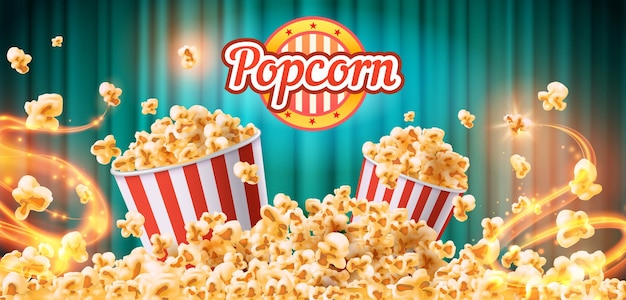 Рекламный плакат с хрустящей закуской попкорна с полосатыми ведрами и зернами Сладкая или соленая реклама еды в кино Летающий вкусный векторный баннер попкорна