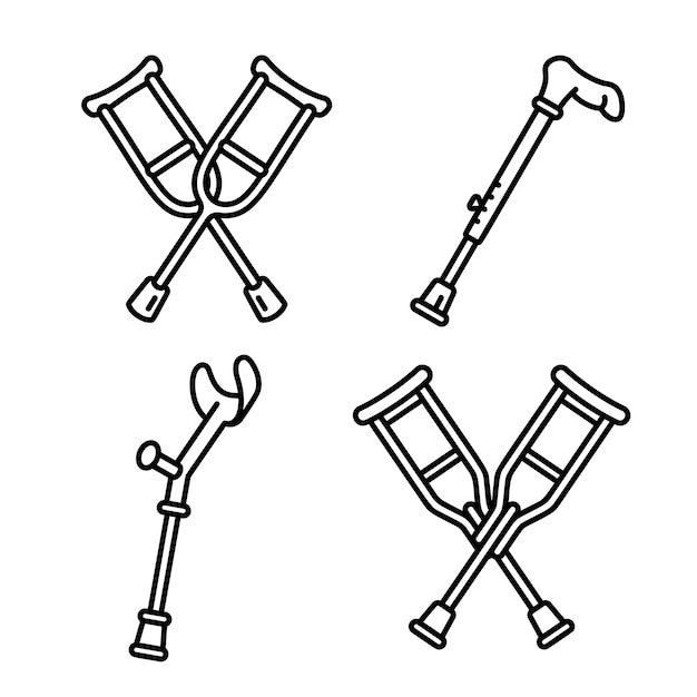 Crutches icon set, outline style