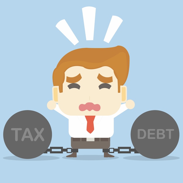 Vector cry zakenman keten met schulden en belastingen