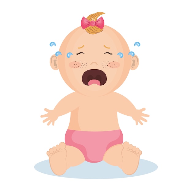 Vector crying baby girl with pink bow and diaper