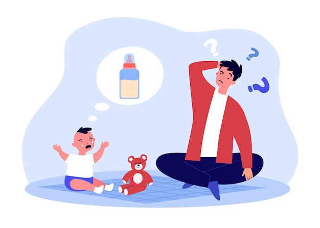 Crying baby sitting with father who doesnt know what to do. Kid wanting milk bottle flat vector illustration. Parenthood, caring about newborn concept for banner, website design or landing web page