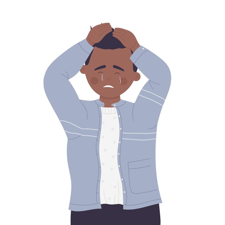 Vector crying boy holding his head